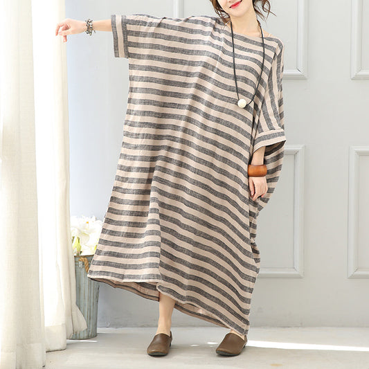 Gray Striped Long Linen Dresses Loose Fitting O Neck Gown Fine Batwing Sleeve Kaftans