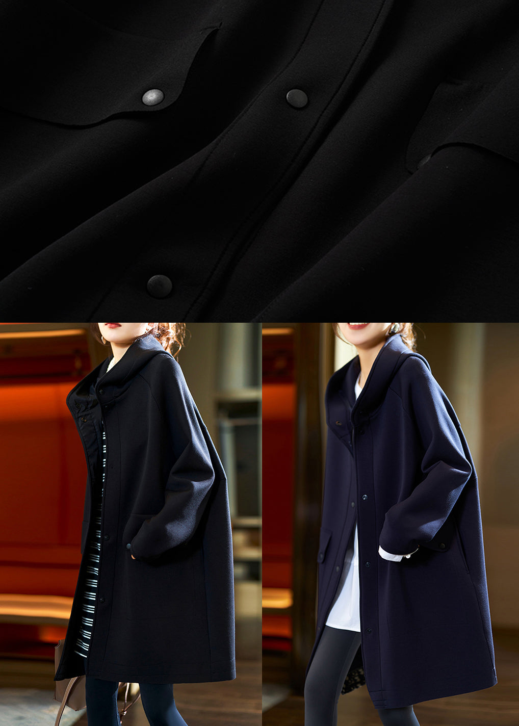 Black Hooded Button Pockets Cotton Coats Fall