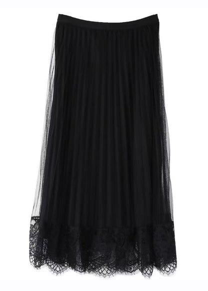 Black Elastic Waist Lace Patchwork Tulle Skirts Fall