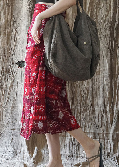 Slim Fit Red Tie Waist Print Asymmetrical Design Cotton Skirt Spring