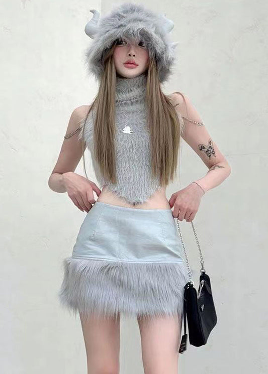 Grey Turtleneck Patchwork Tops and Skirts Knit Two Pieces Set Sleeveless