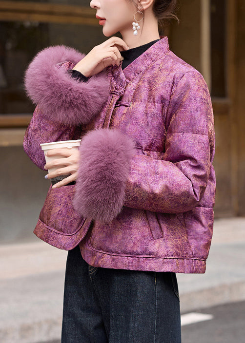 Purple Jacquard Patchwork Fox Fur Duck Down Jackets Winter