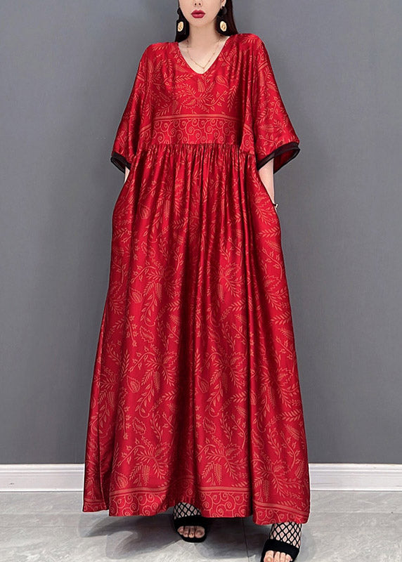 Red Chinese Style Silk Long Dress Wrinkled Short Sleeve