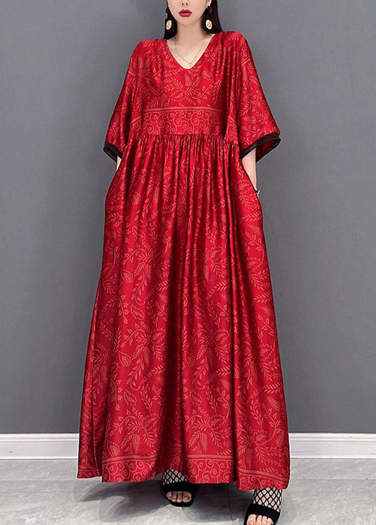Red Chinese Style Silk Long Dress Wrinkled Short Sleeve