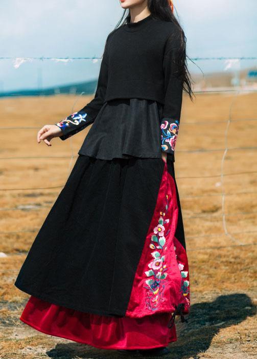 Unique Black Cotton Quilting Skirts Drawstring Patchwork Skirts