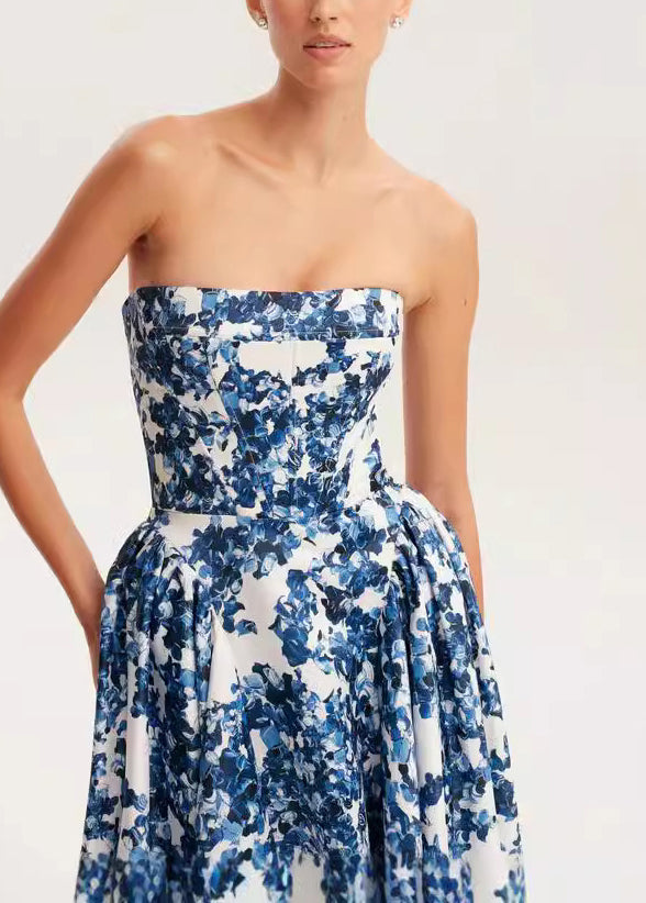Blue Strapless Print Cotton Long Dress Sleeveless