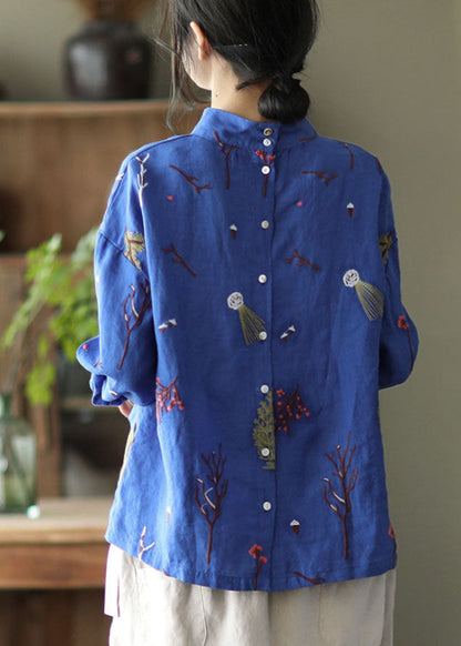 Stylish Blue Embroidered Retro Linen Blouse Tops Spring