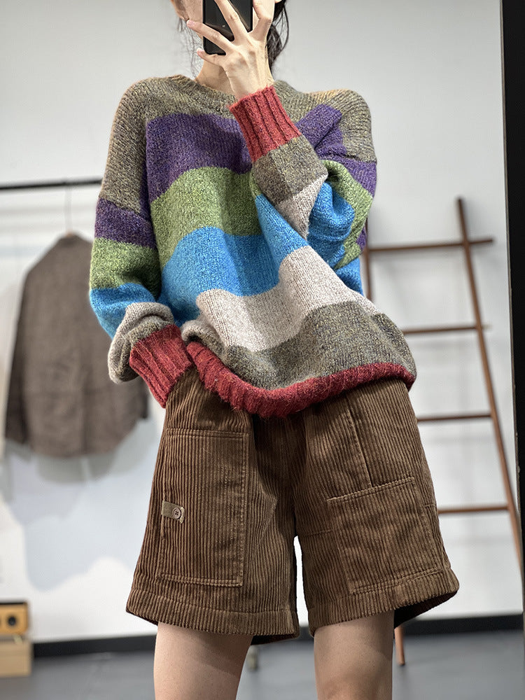 Rainbow Striped Knit Insulated Crewneck Sweater
