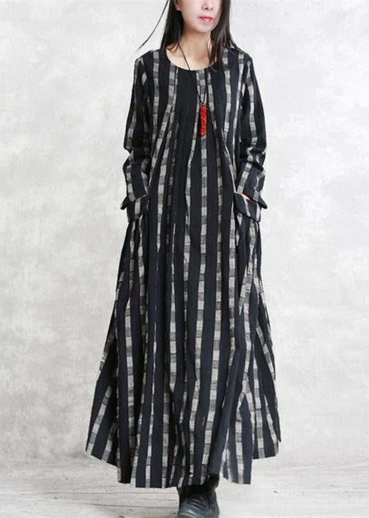 Fine Black Plaid Natural Linen Dress O Neck Patchwork Linen Maxi Dress Long Sleeve Pockets Dresses