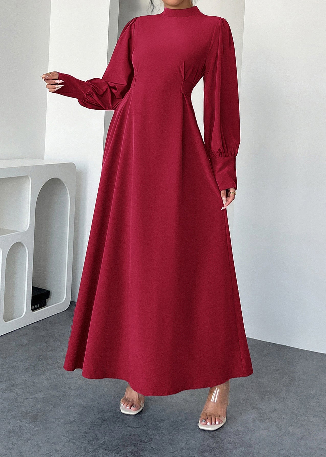 Red Hign Neck Cotton Maxi Dresses Lantern Sleeve