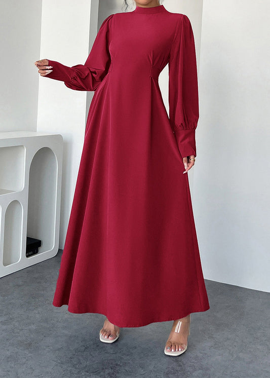 Red Hign Neck Cotton Maxi Dresses Lantern Sleeve