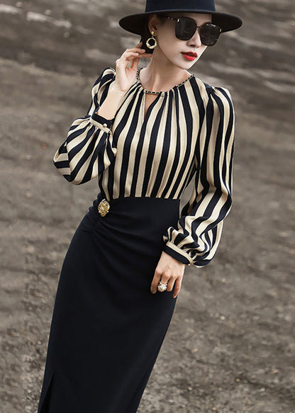Striped Side Open Patchwork Cotton Long Dress Fall