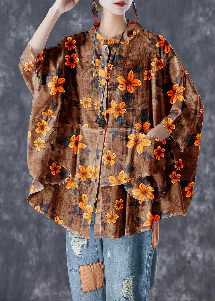 White Stand Collar Patchwork Linen Shirt Tops Batwing Sleeve