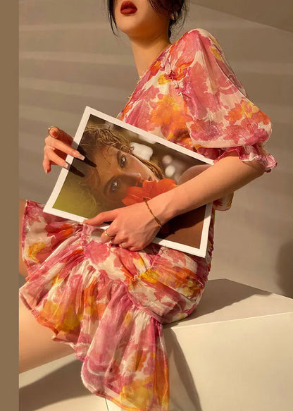 Red Wrinkled Print Chiffon Tops and Wraped Skirts Sets Two Pieces Summer