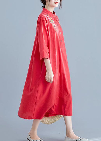 Stand Collar Pockets Cotton Tunics for Work Outfits Red Embroidery Maxi Dresses Summer