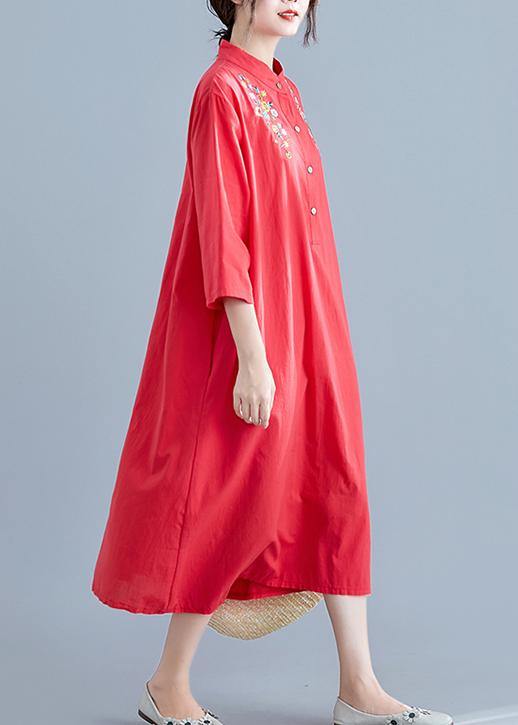 Stand Collar Pockets Cotton Tunics for Work Outfits Red Embroidery Maxi Dresses Summer