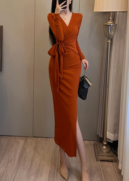 Orange Tie Waist Side Open Knit Long Dress