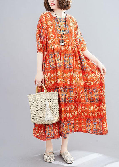 Red Pockets Print Holiday Dress O Neck Cotton Dress
