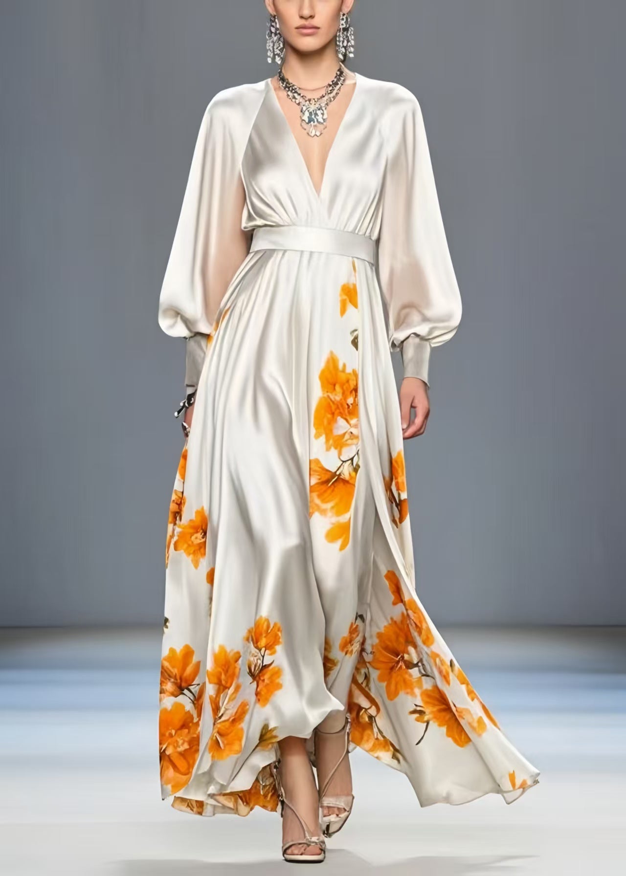 White V Neck Print Silk Cinched Dress Spring
