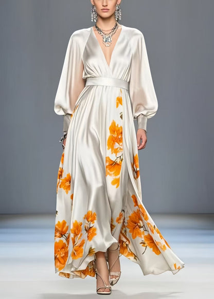 White V Neck Print Silk Cinched Dress Spring