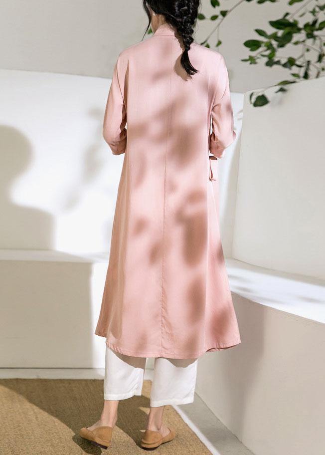 Pink Long Shirts Stand Collar Tie Waist Robe Summer Dresses