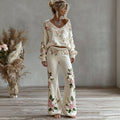 Women's Pink Floral Embroidered Art Knit Pants