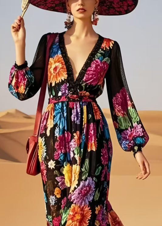 Style Black V Neck Print Cotton Vestidos Dress Spring