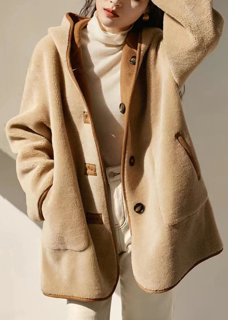 Loose Camel Hooded Pockets Patchwork Wear on Both Sides Woolen Coats Winter