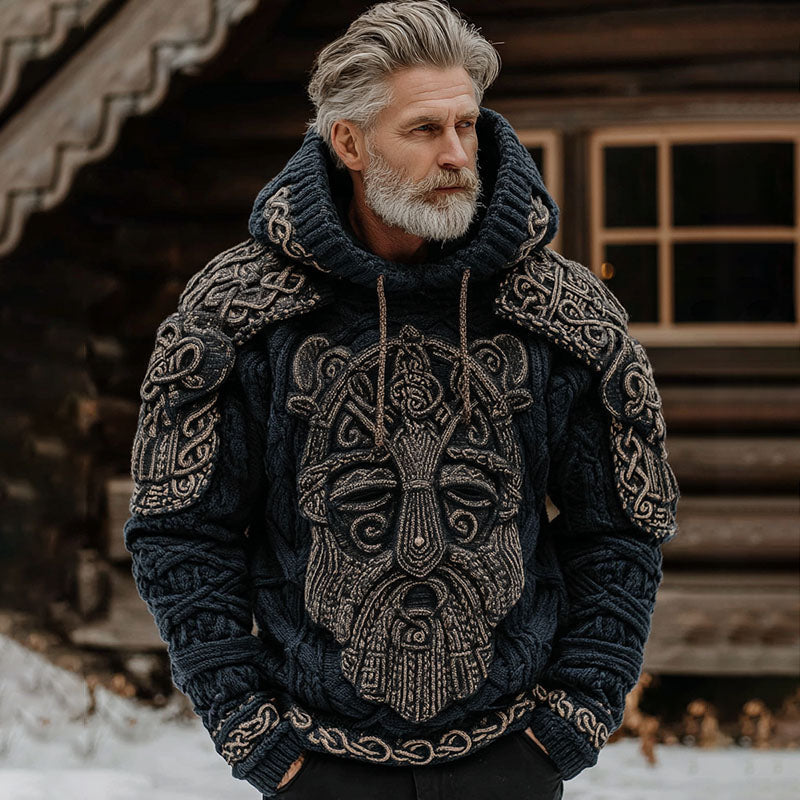 Men's Vintage Viking Warrior Ivar The Boneless Art Pattern Casual  Cozy Knit Hooded Sweater elevenforest