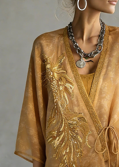 Fine Yellow Embroidered Tie Waist Silk Cardigans Three Quarter Sleeve Sleeve