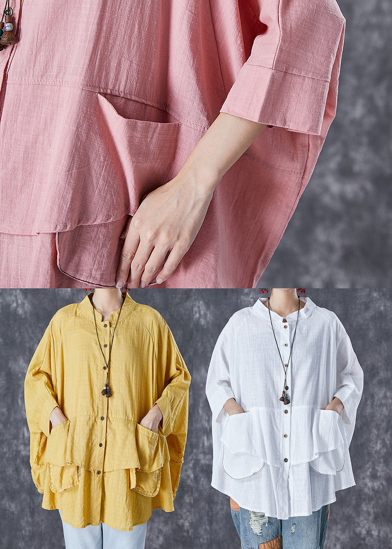 Pink Button Down Pockets Linen Blouses Batwing Sleeve