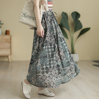 Literary Tencel Linen Print Slim A-line Skirt