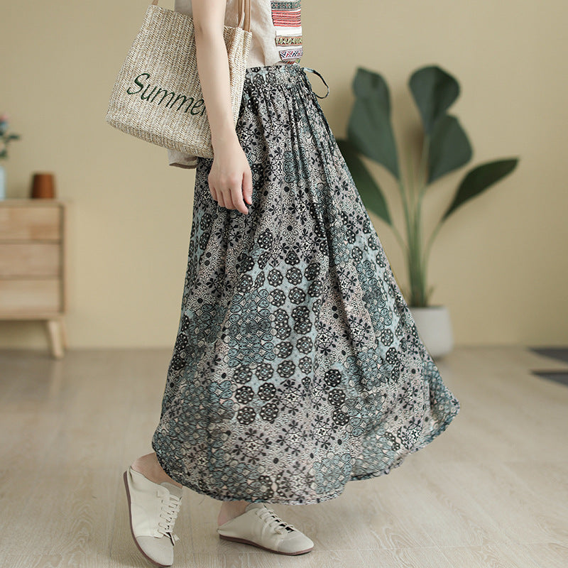 Literary Tencel Linen Print Slim A-line Skirt