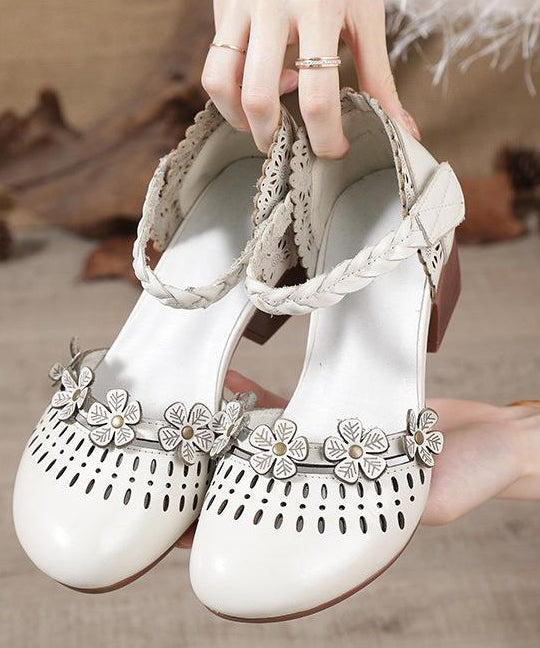 Beige Hollow Out Chunky Cowhide Leather Splicing Sandals