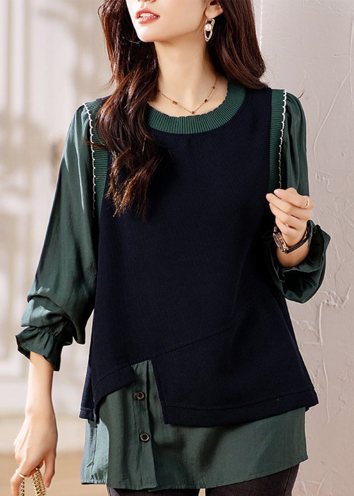 Green Ruffled Knit Patchwork False Two Pieces Top Fall