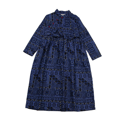 Winter Retro Print Cotton Linen Furred Dress