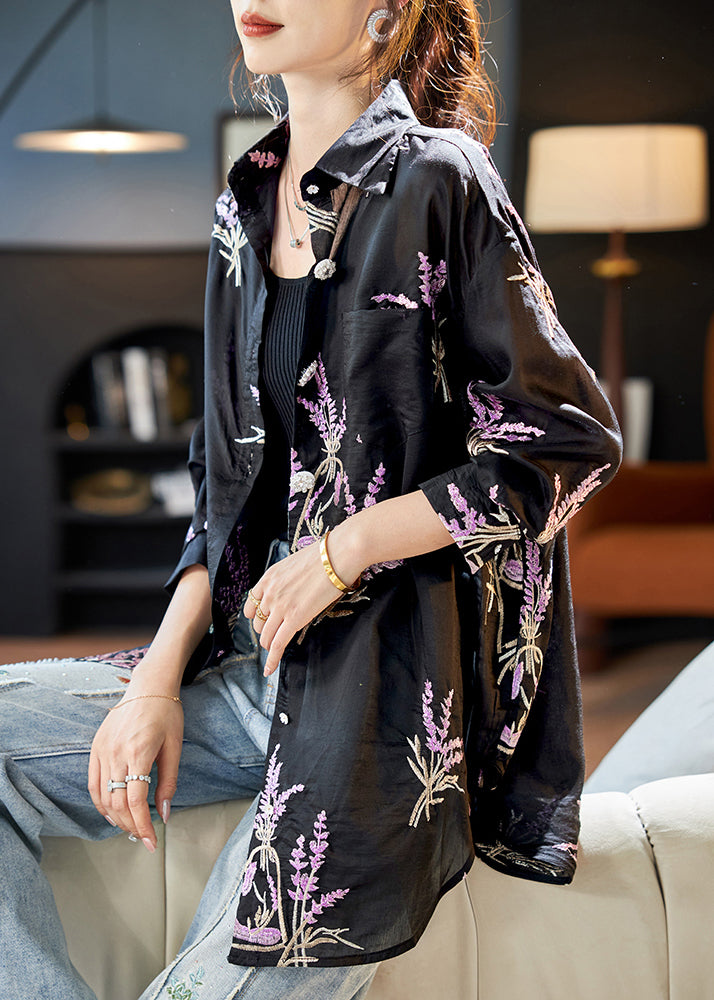 Black Peter Pan Collar Embroidered Silk Shirt Top Long Sleeve