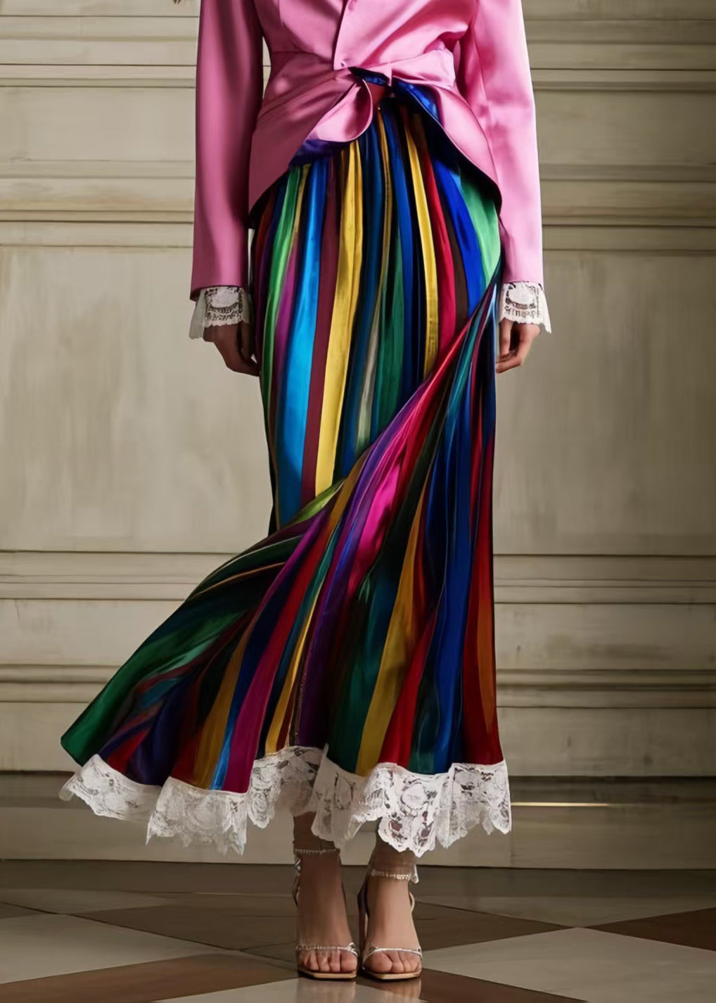 Multicolour Striped Patchwork Lace Silk Pleated Skirt Summer