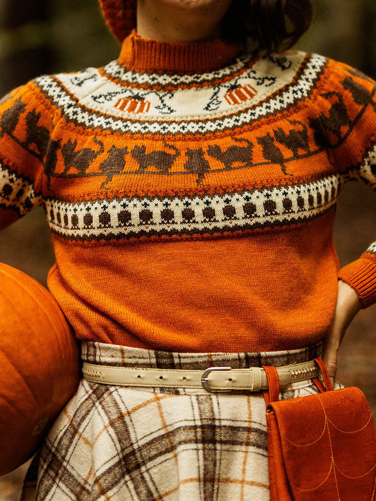 Halloween Black Cat Pumpkin Pattern Cozy Knit Sweater artswardrobe