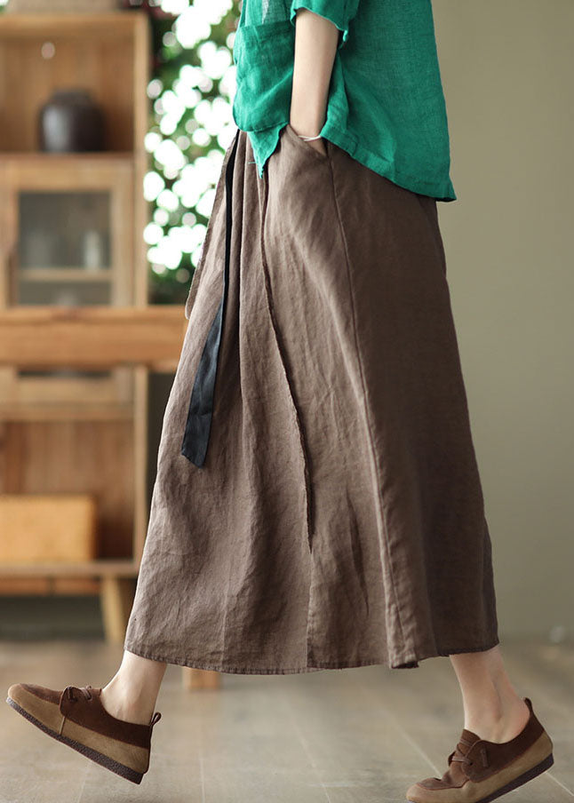 Chocolate Linen a Line Skirt Side Open Pockets Summer