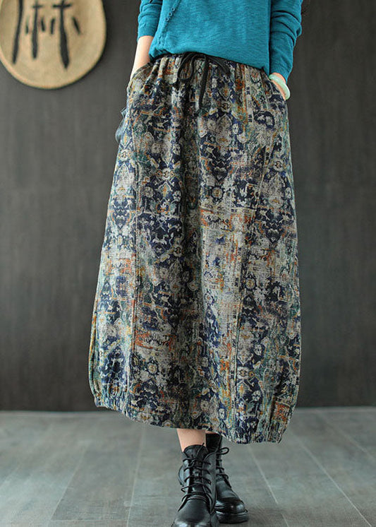 Blue Tie Dye Linen a Line Skirts Elastic Waist Pockets Summer
