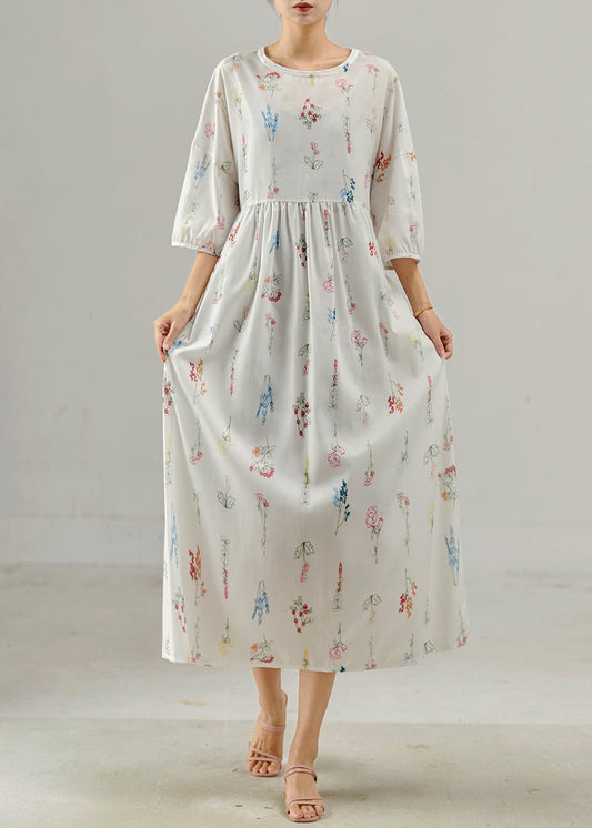 White Oversized Print Cotton Long Dresses Bracelet Sleeve