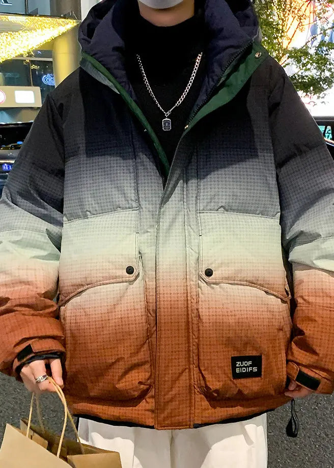 Unique Orange Gradient Color Hooded Pockets Duck Down Down Coats Winter