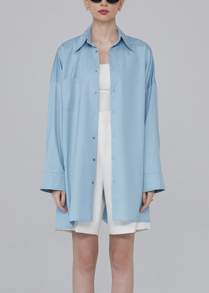 Blue Button Pockets Patchwork Cotton Blouses Fall