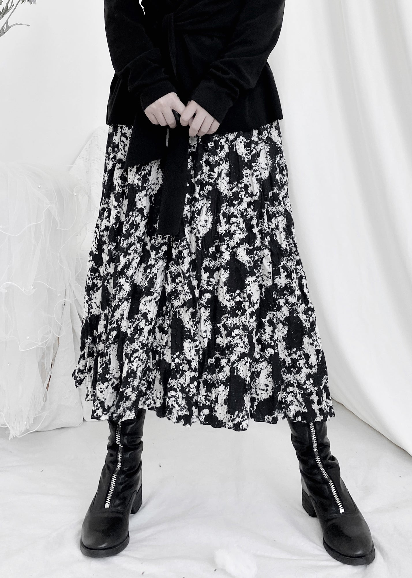 Print Wrinkled Elastic Waist a Line Skirt