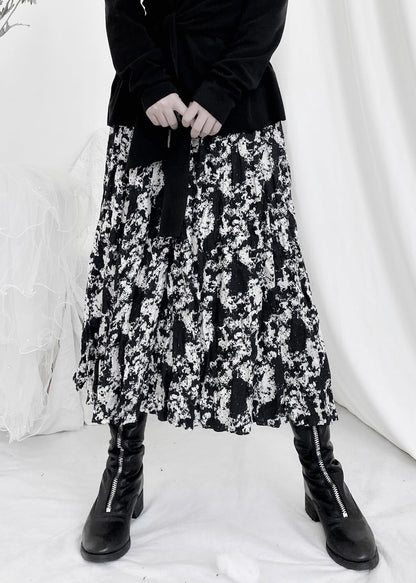 Print Wrinkled Elastic Waist a Line Skirt