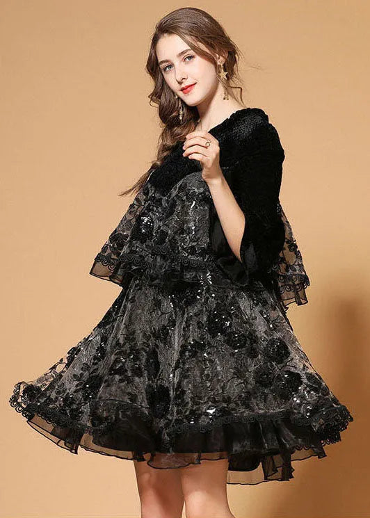 Black Patchwork Silk Velour Holiday Dress Sequins Nail Bead Half Sleeve