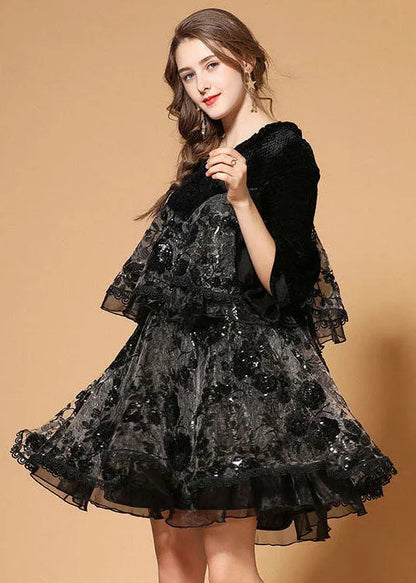 Black Patchwork Silk Velour Holiday Dress Sequins Nail Bead Half Sleeve