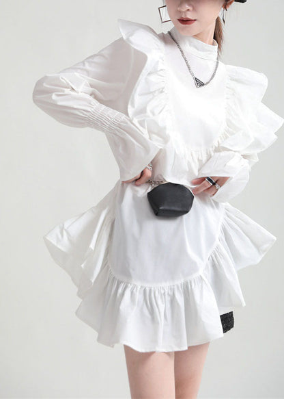 White Patchwork Cotton Shirt Top Ruffled Color Fall
