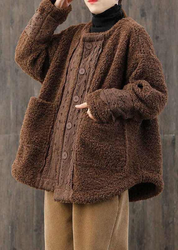 Khaki O-neck Button Fall Winter Thick Long Sleeve Coat